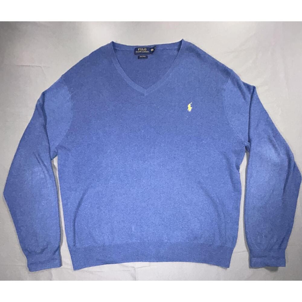 Polo Ralph Lauren Sweater Mens 2XL Blue Pima Cotton V Neck Pony Logo Knit